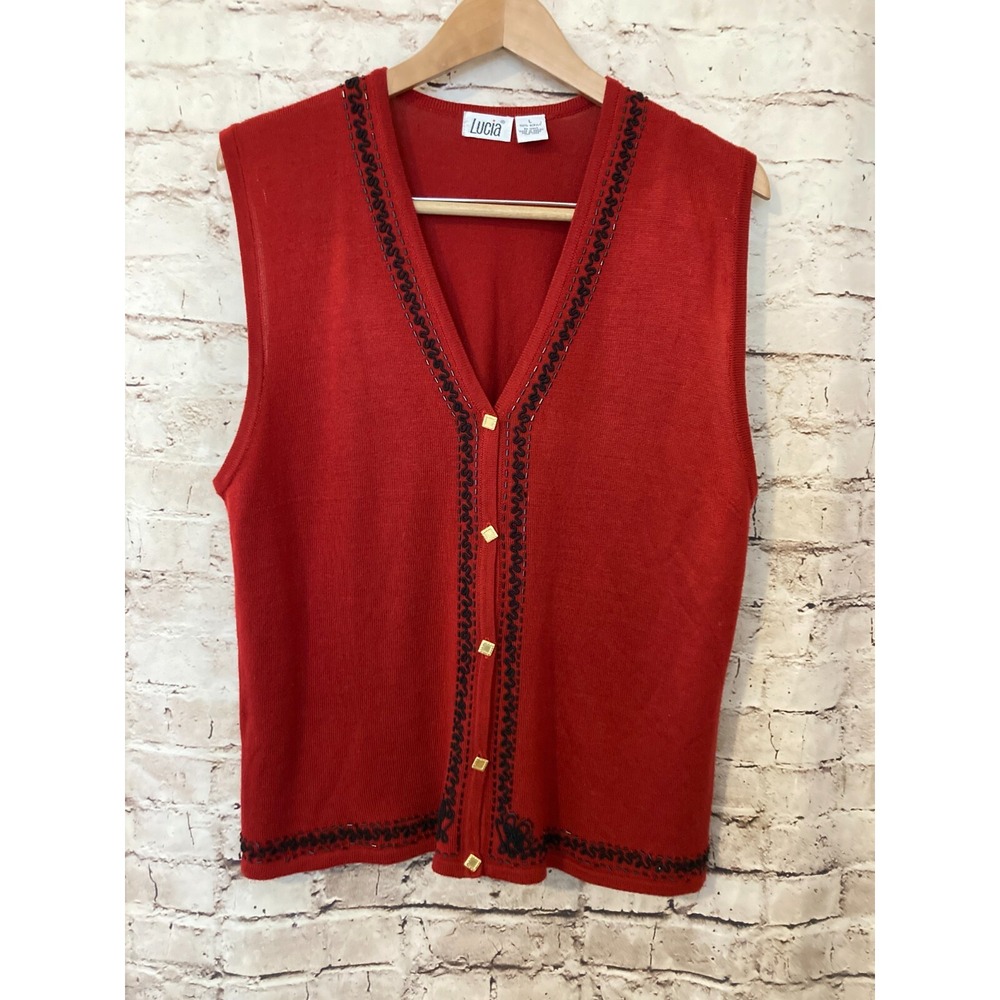 Lucia Preppy Vest Top Large Rust Red Academia‎ Knit Sleeveless Vintage Button